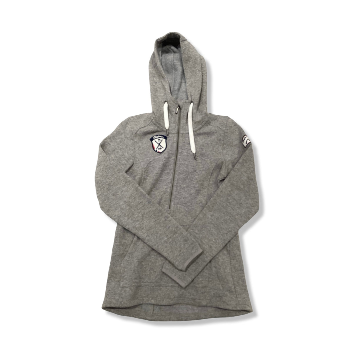 Grå fleecehoodie Bergans 1919 kollenwool lady jumper för dam med huva, fotograferad framifrån mot vit bakgrund.