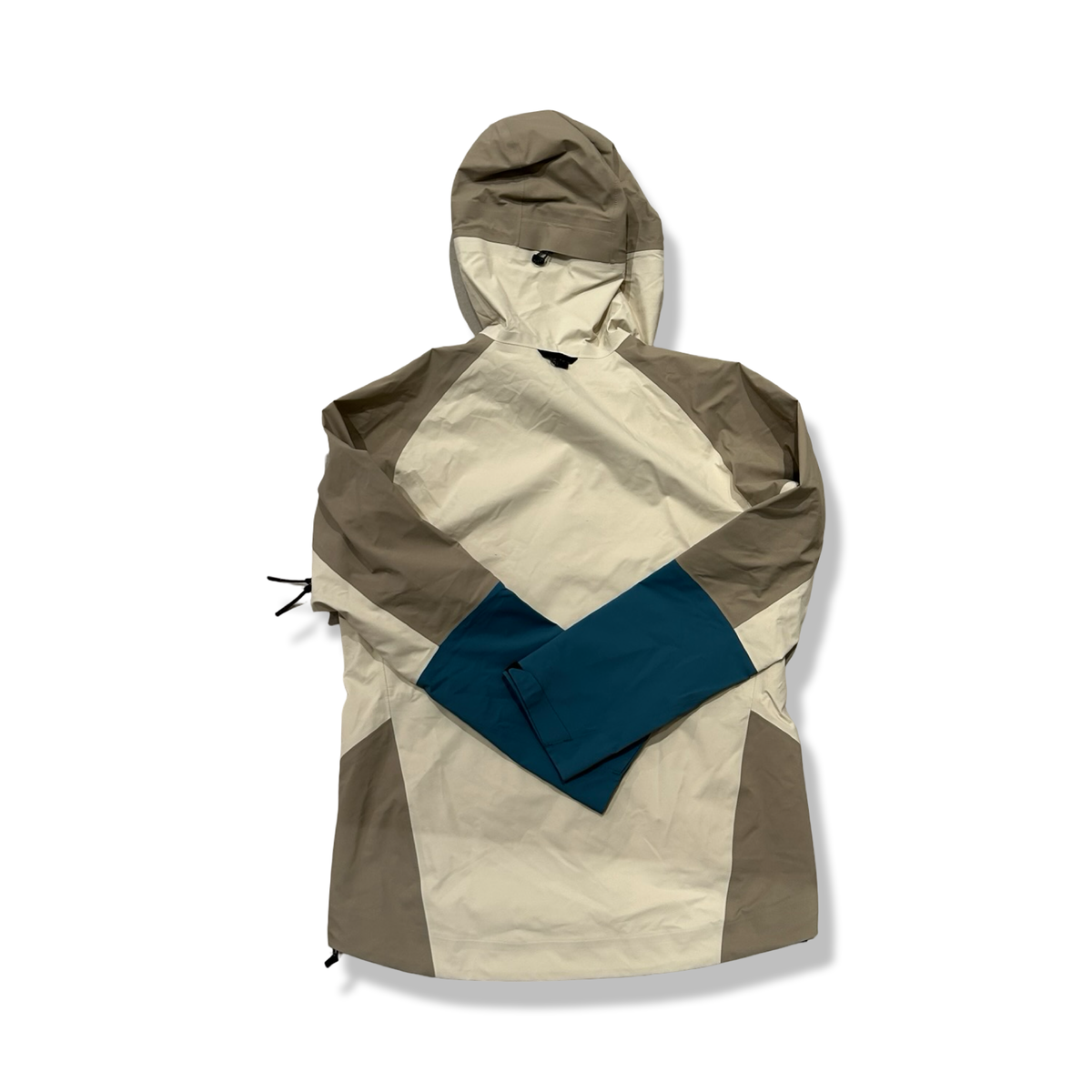 Back view of a beige Peak Performance women's hooded shell jacket with blue details, against a white background.