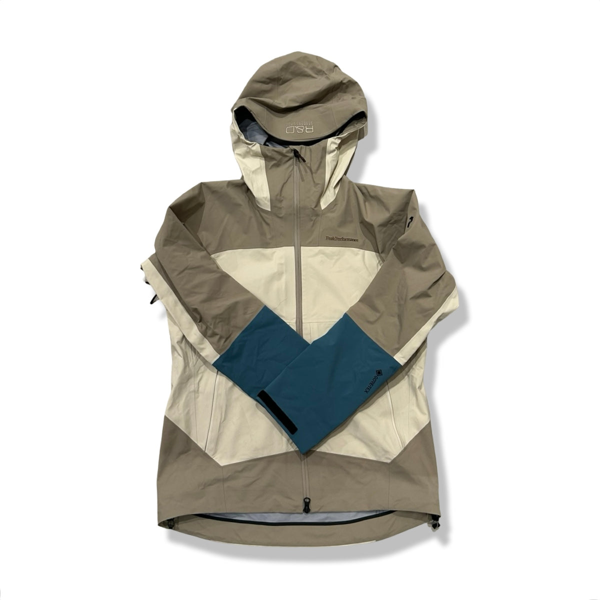Beige and blue women's hooded shell jacket from Peak Performance, front view against a white background.