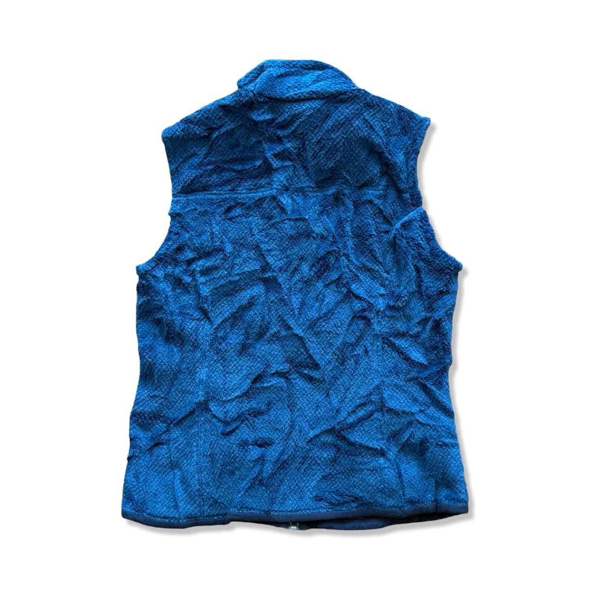 Blue Patagonia women's fleece vest, rear view against a white background.