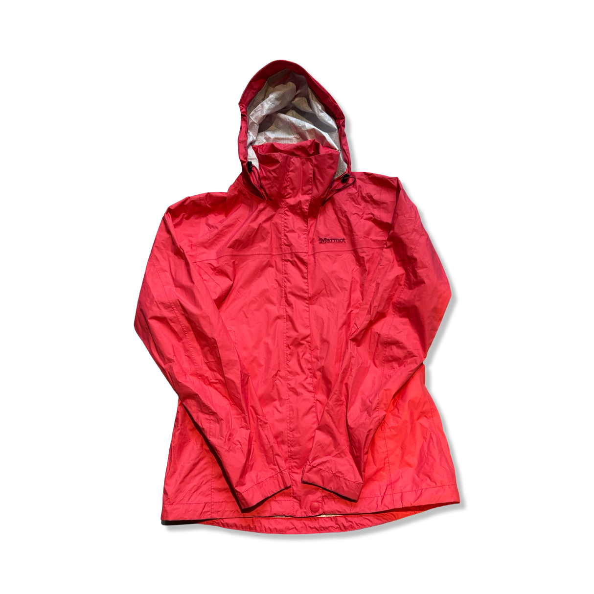 Women's pink Marmot shell jacket with a hood, flat lay view on a white background.