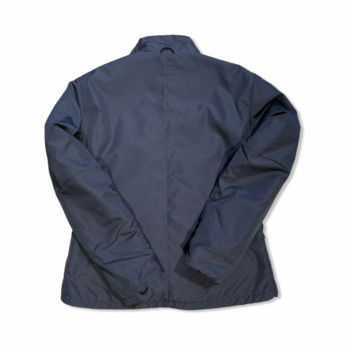 Back view of a blue Peak Performance men's synthetic jacket against a white background.