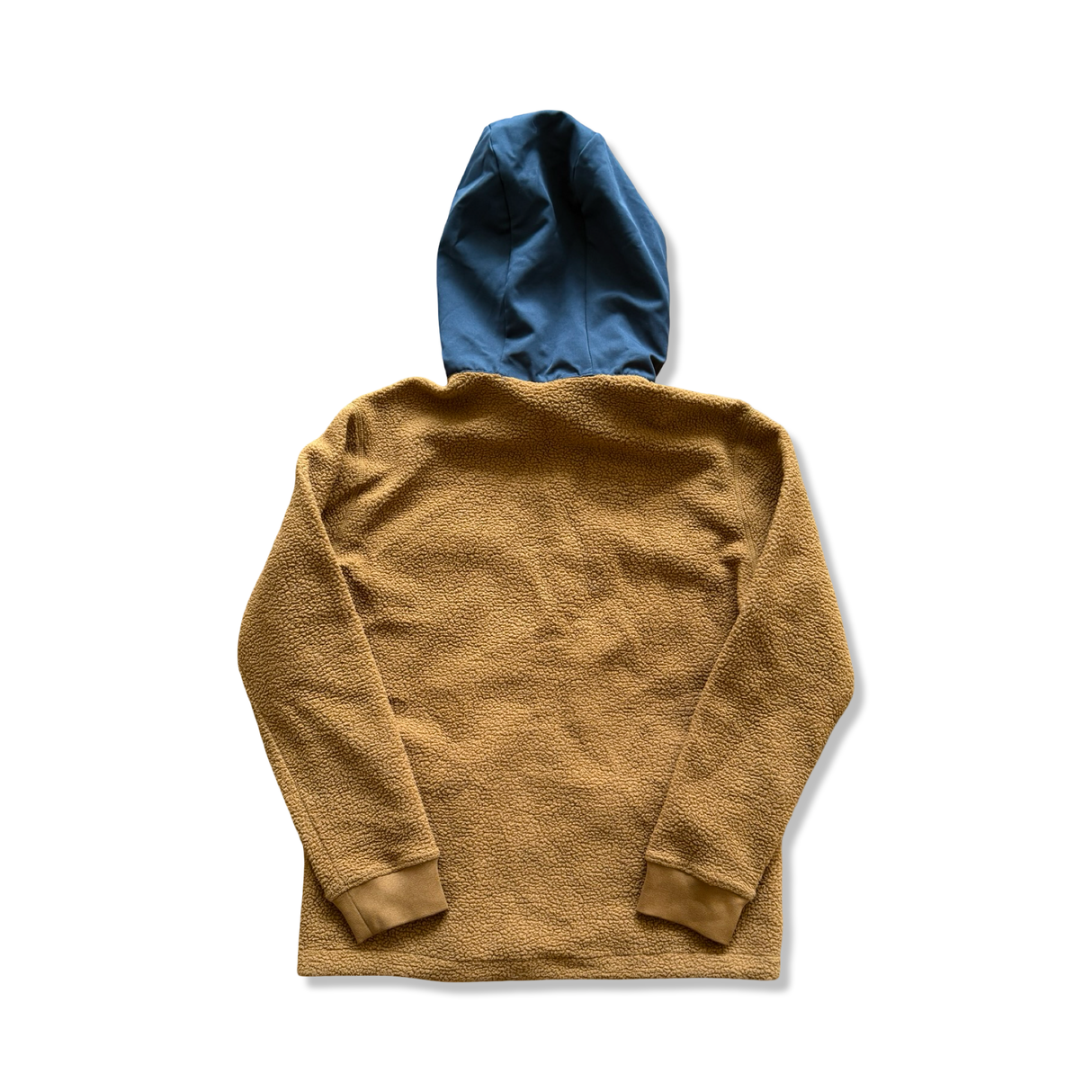 Mustard yellow men's Vaude fleece cardigan with a blue hood, rear view on a white background.