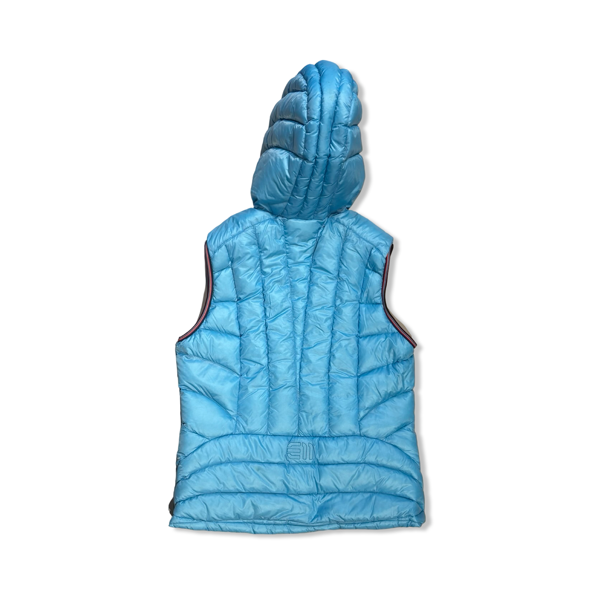 Back view of a turquoise Elevenate women's hooded down vest against a white background.