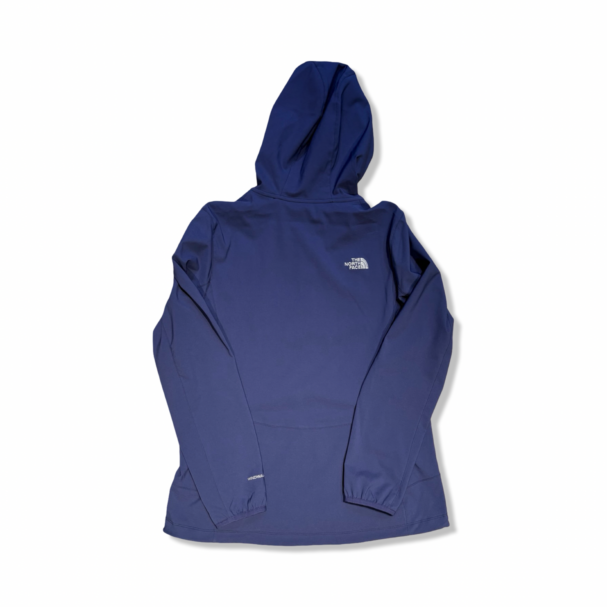 Blue The North Face women's Windwall softshell jacket with a hood, back view against a white background.