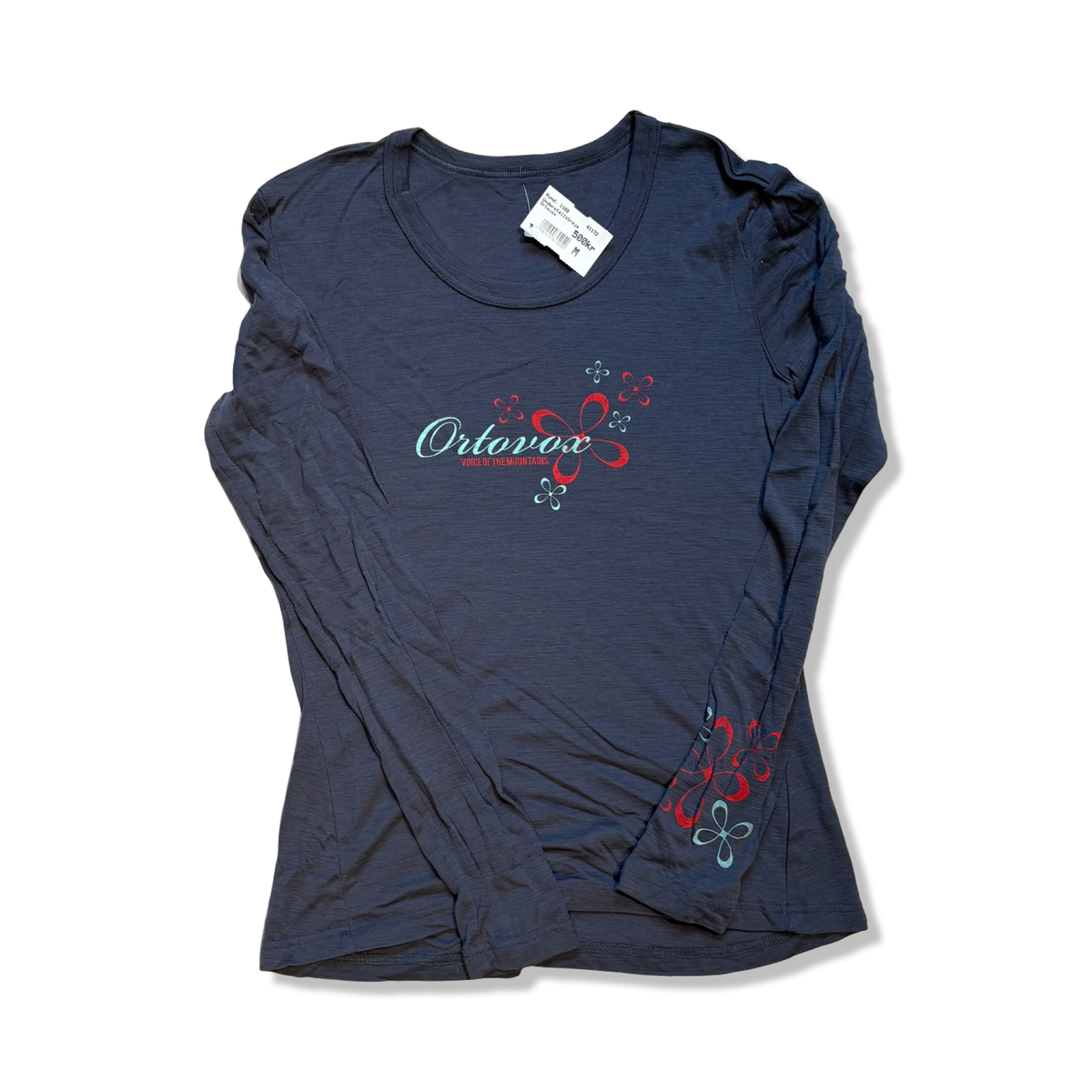 Blue-grey Ortovox women's thermal long-sleeve shirt with print in size M, front view against a white background.