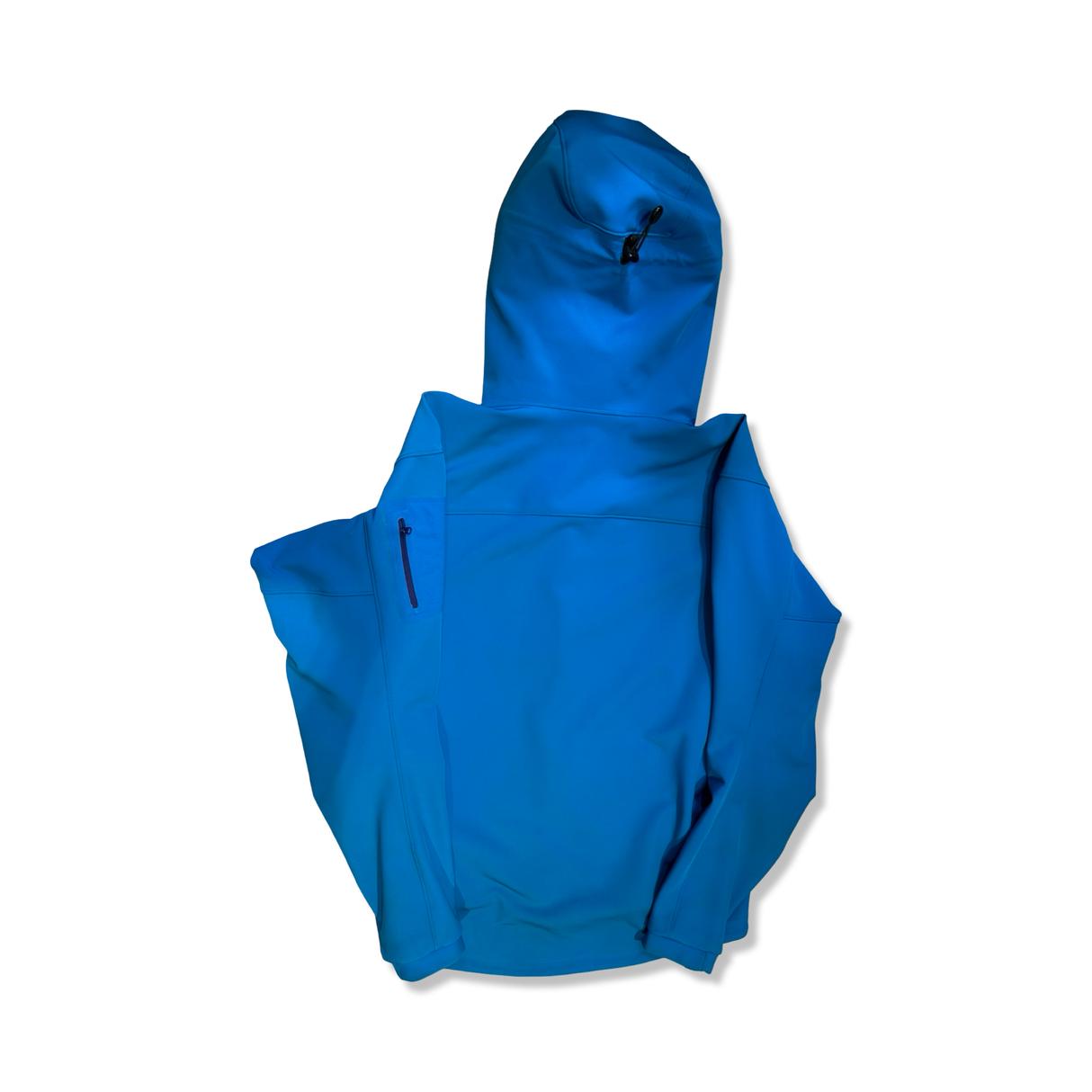 Blue Arc'teryx men's Gamma Hoody softshell jacket with a hood, back view against a white background.