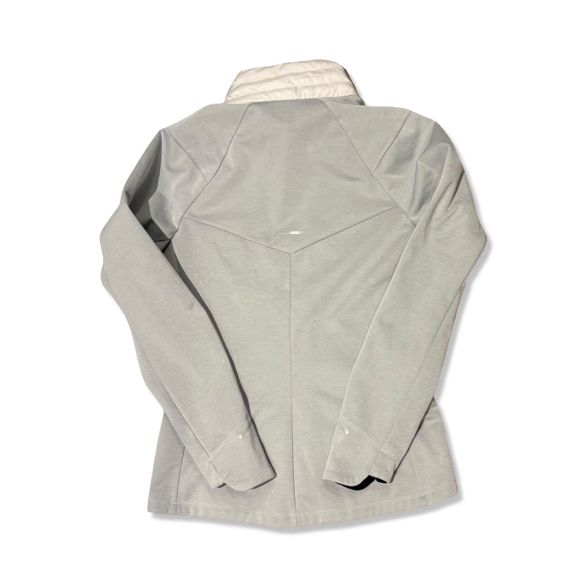 Grey Asics men's hybrid jacket, back view against a white background.