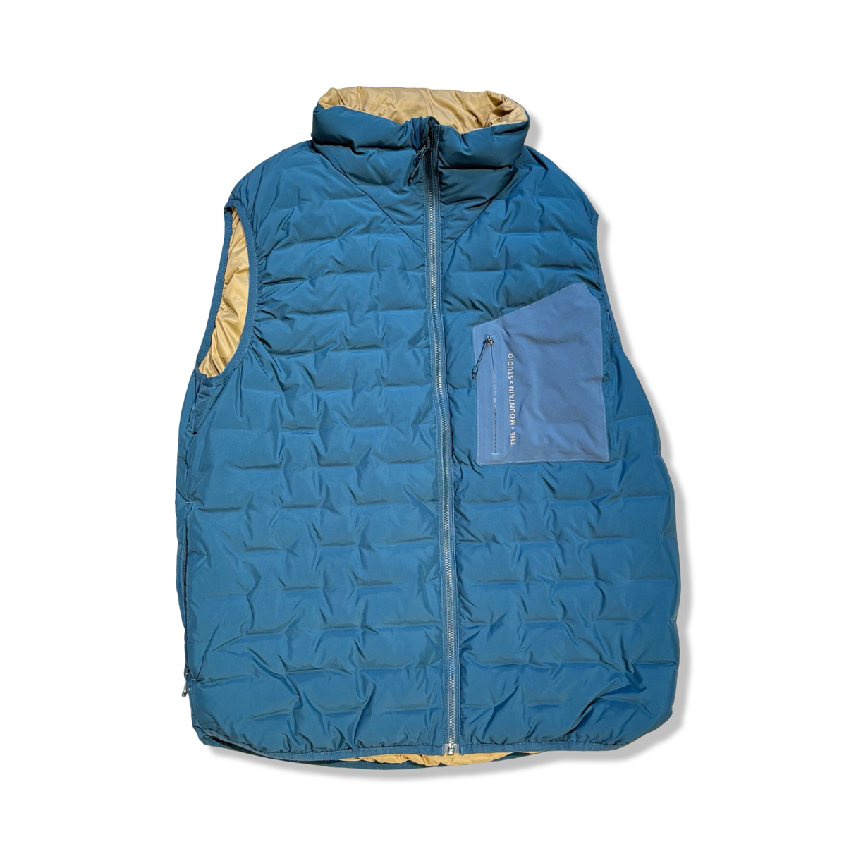 Blue and beige lightweight vest from The Mountain Studio for men, photographed from the front against a white background.