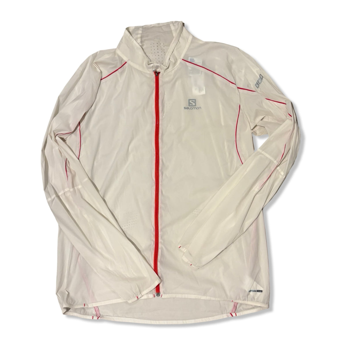 White Salomon men's windstopper jacket with a red zipper, photographed from the front against a white background.