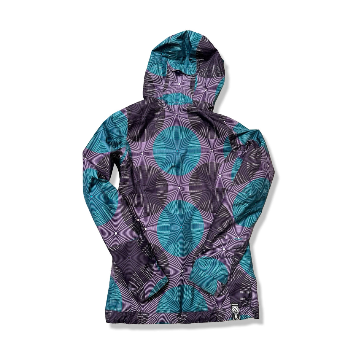 Back view of a patterned purple and blue Burton women's ski jacket against a white background.