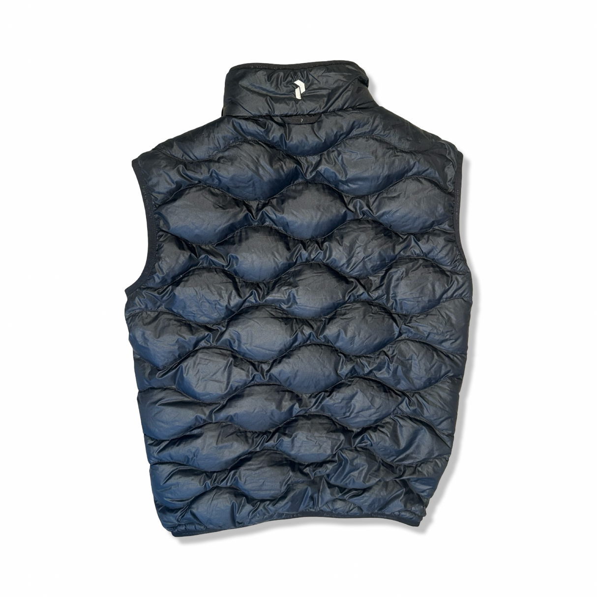Back of a black Peak Performance Helium down vest for men, photographed against a white background.