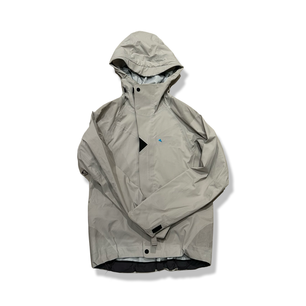 Beige/grey Klättermusen women's hooded down jacket, front view against a white background.