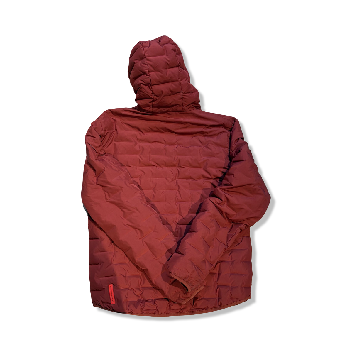 Red The Mountain Studio men's Ultralight Down Hood Jacket with a hood, back view against a white background.
