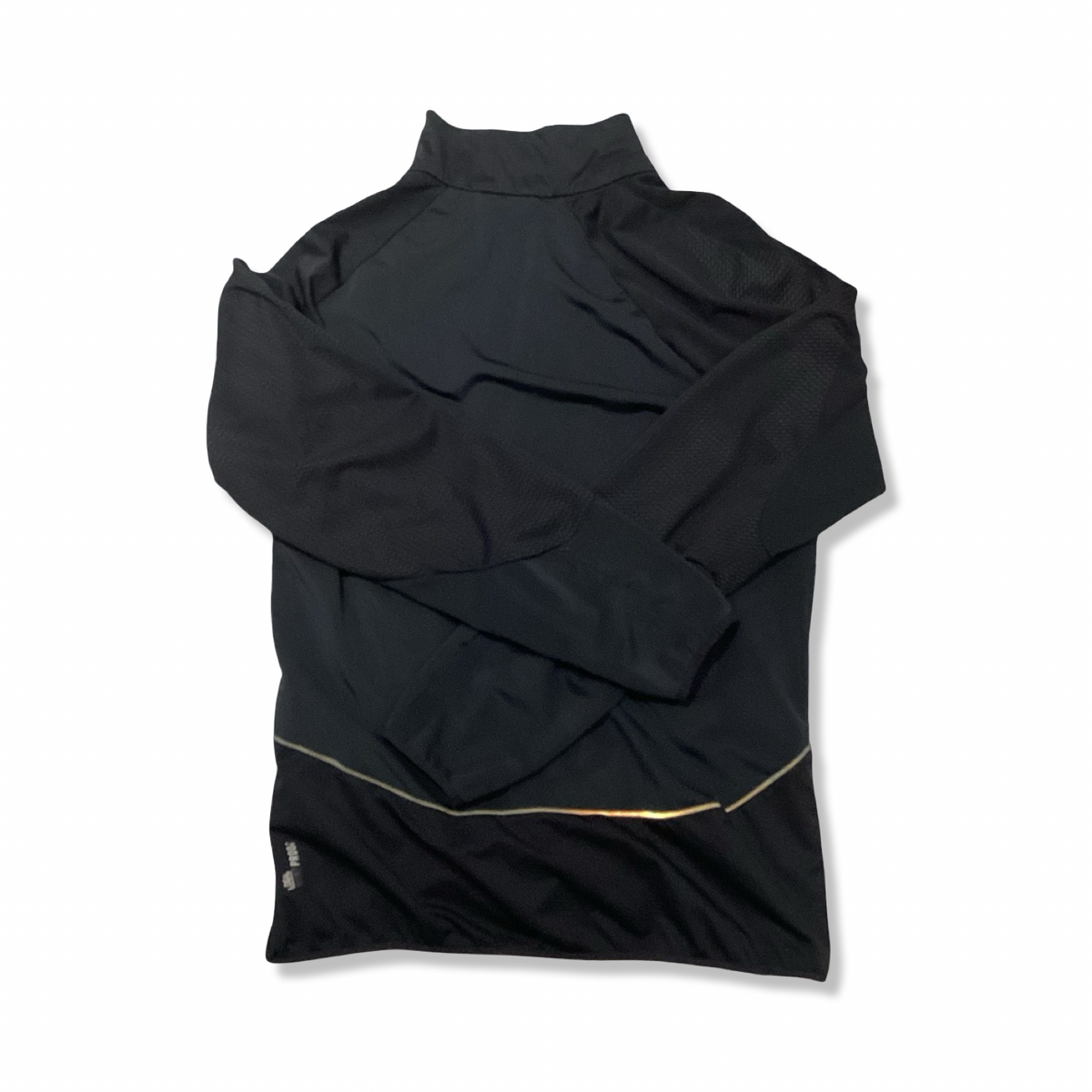 Back view of a black New Balance athletic jacket against a white background.