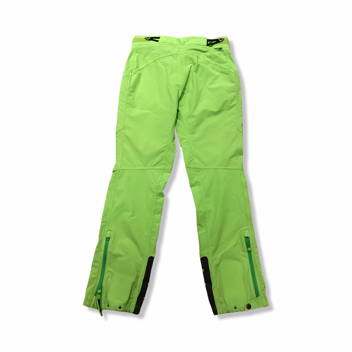 Back view of lime green Dynafit Mercury 2 Dynastretch women's softshell pants against a white background.