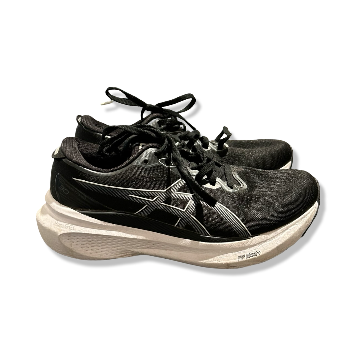 Black Asics Gel-Kayano 30 women's running shoes, side view against a white background.