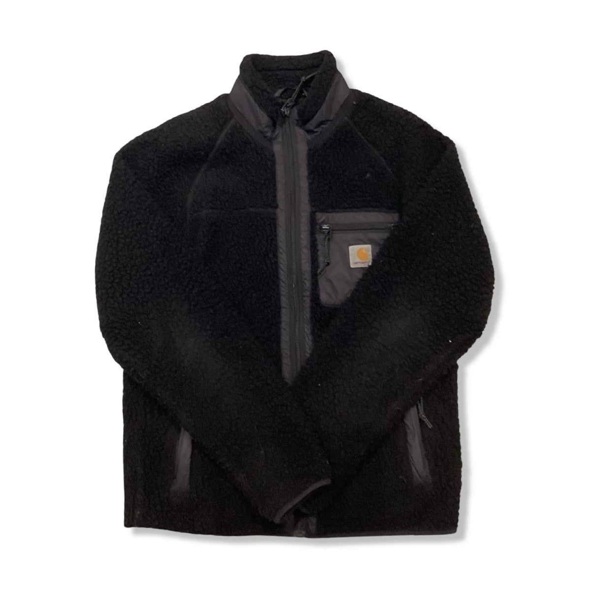 Svart fleececardigan från Carhartt för dam med dragkedja, fotograferad framifrån mot en vit bakgrund.