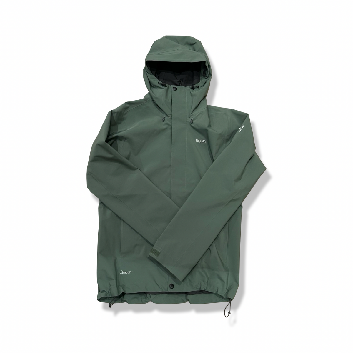 Green Haglöfs hooded shell jacket, front view against a white background.