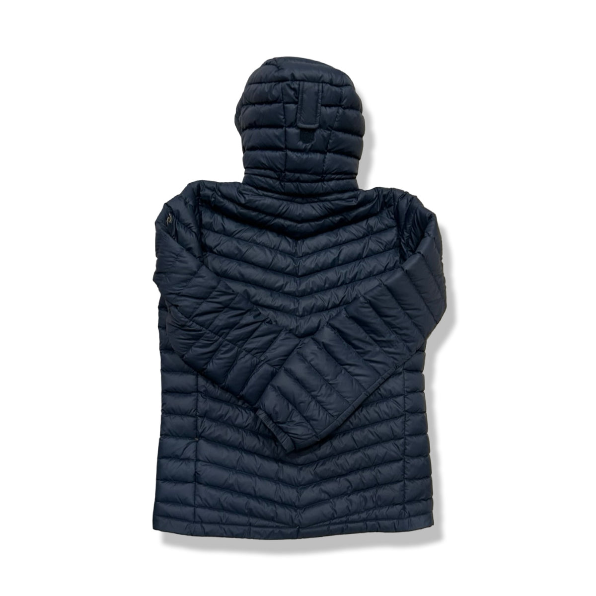 Back view of a blue Peak Performance hooded down jacket against a white background.
