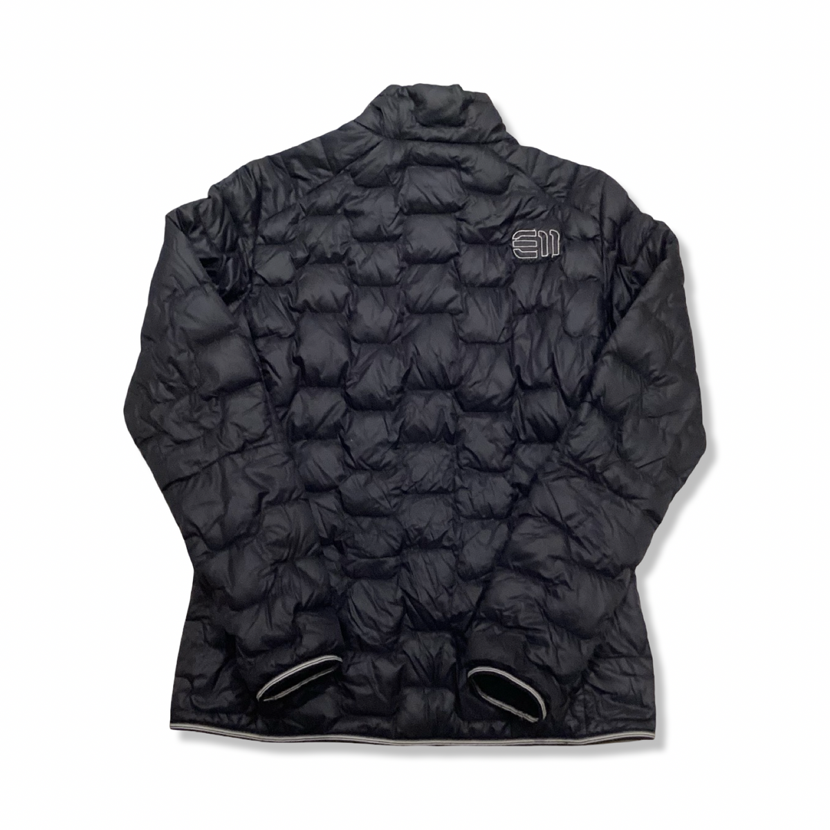 Back view of a black Elevenate women's down jacket against a white background.