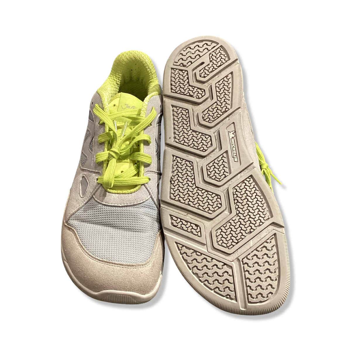 Grey and neon yellow Joe Nimble Addict men's sneakers, front view showing the upper and sole against a white background.