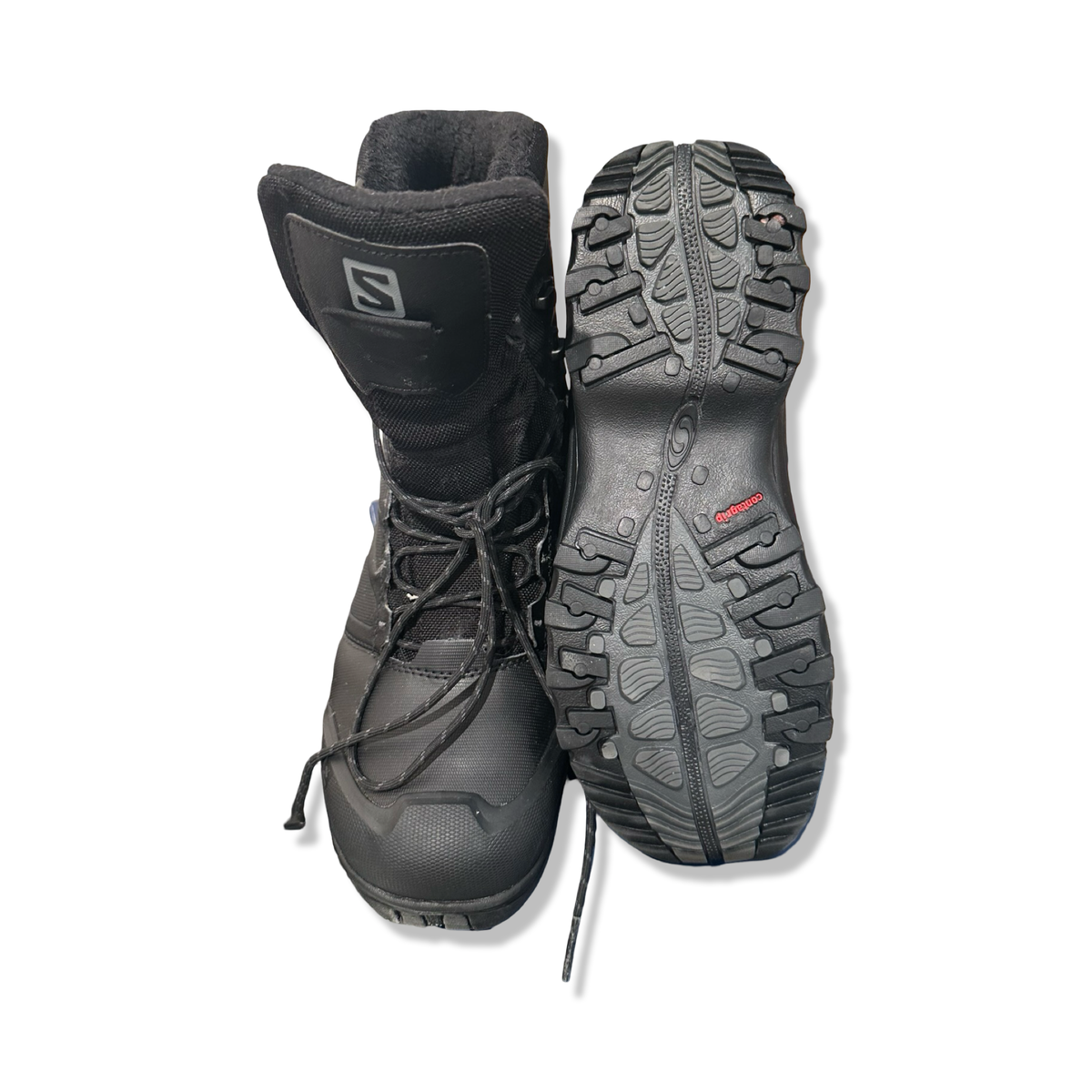 Black Salomon men's boots, front view with the sole visible.
