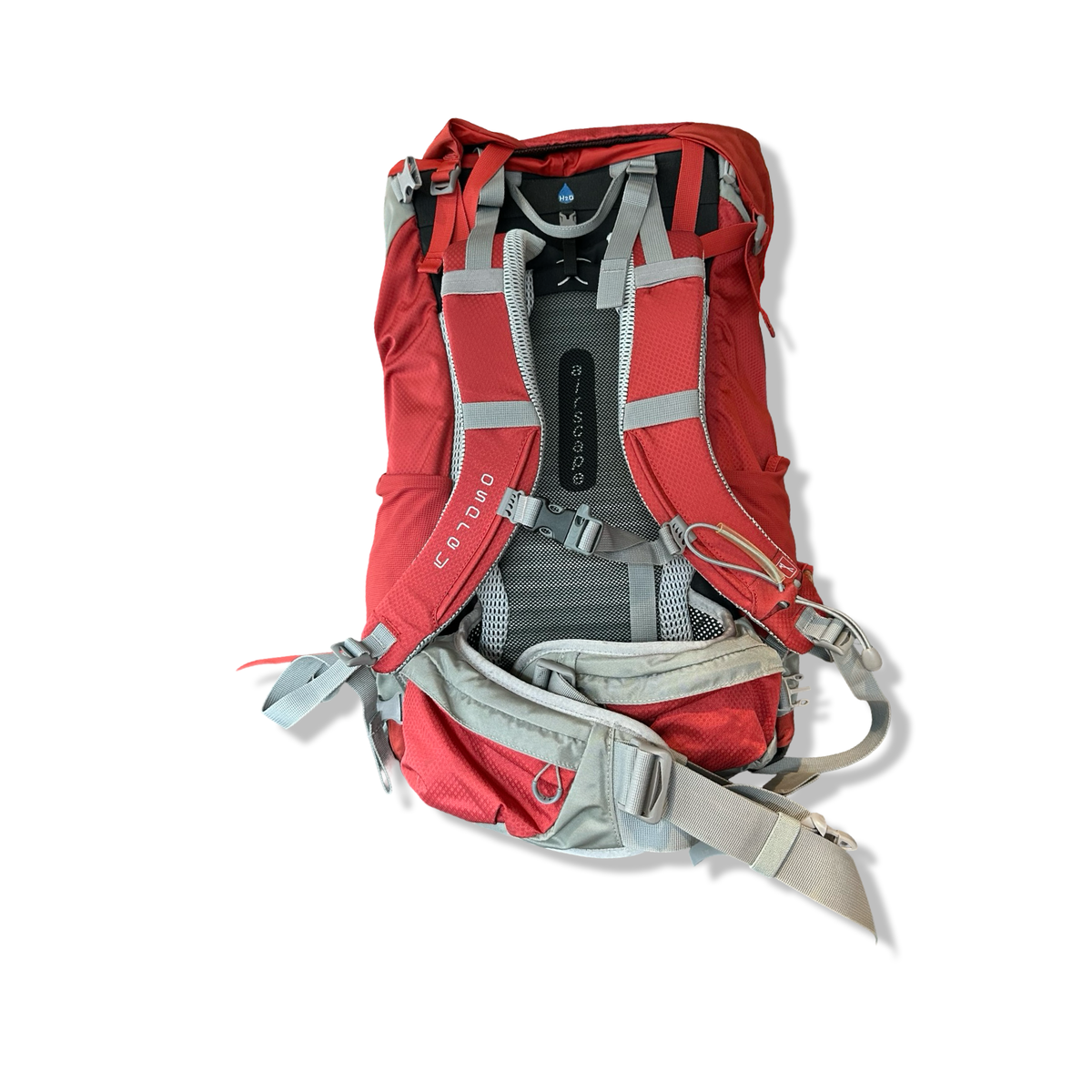 Back view of a red Osprey Kestrel 58 unisex backpack with carrying system against a white background.