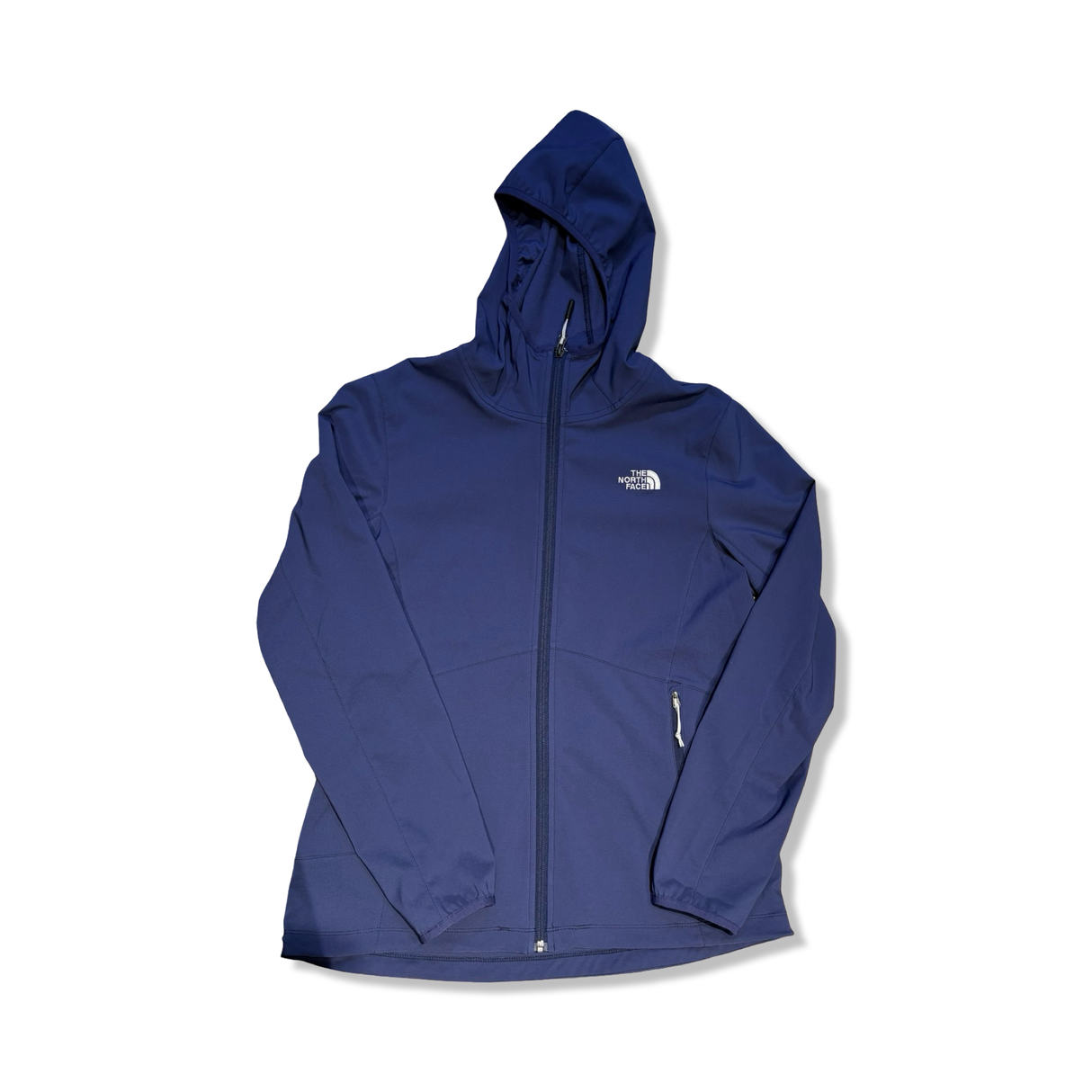 Blue The North Face women's softshell jacket with a hood, front view against a white background.