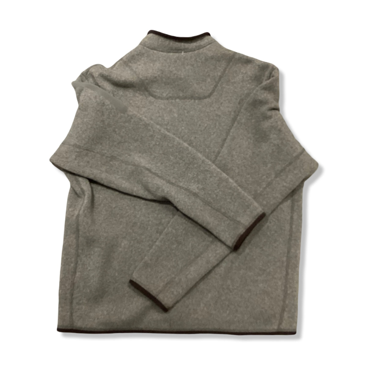 Back view of a beige Arc'teryx men's fleece cardigan against a white background.