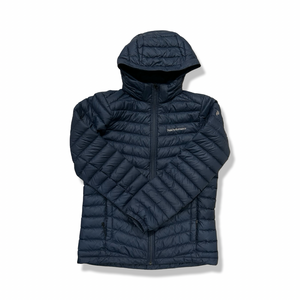 Blue Peak Performance hooded down jacket, front view against a white background.