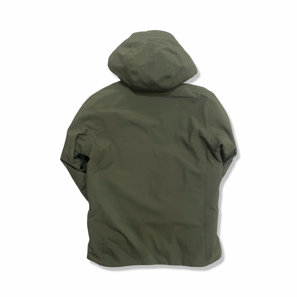 Back view of a green J.Lindeberg men's Ace jacket with a hood, photographed against a white background.