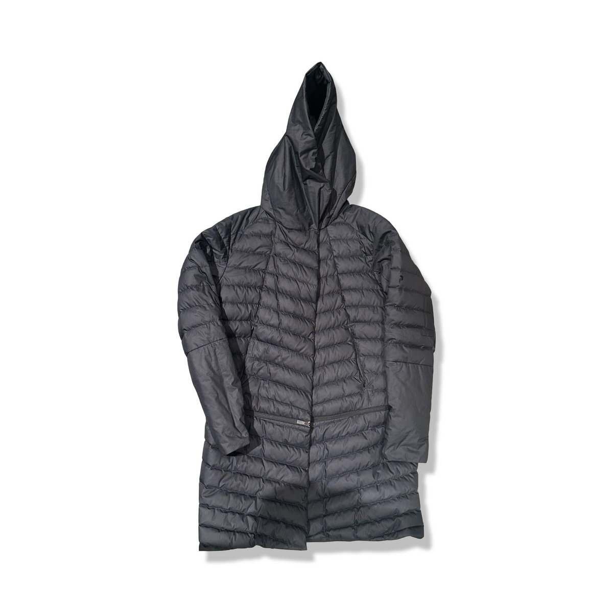 Black Peak Performance women's hooded down jacket, front view against a white background.