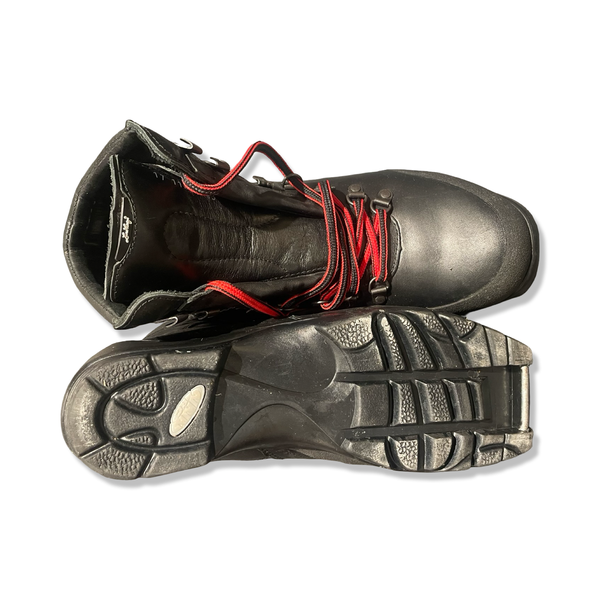 Black leather Lundhags men's boot with red laces, shown from above with one sole facing upwards against a white background.