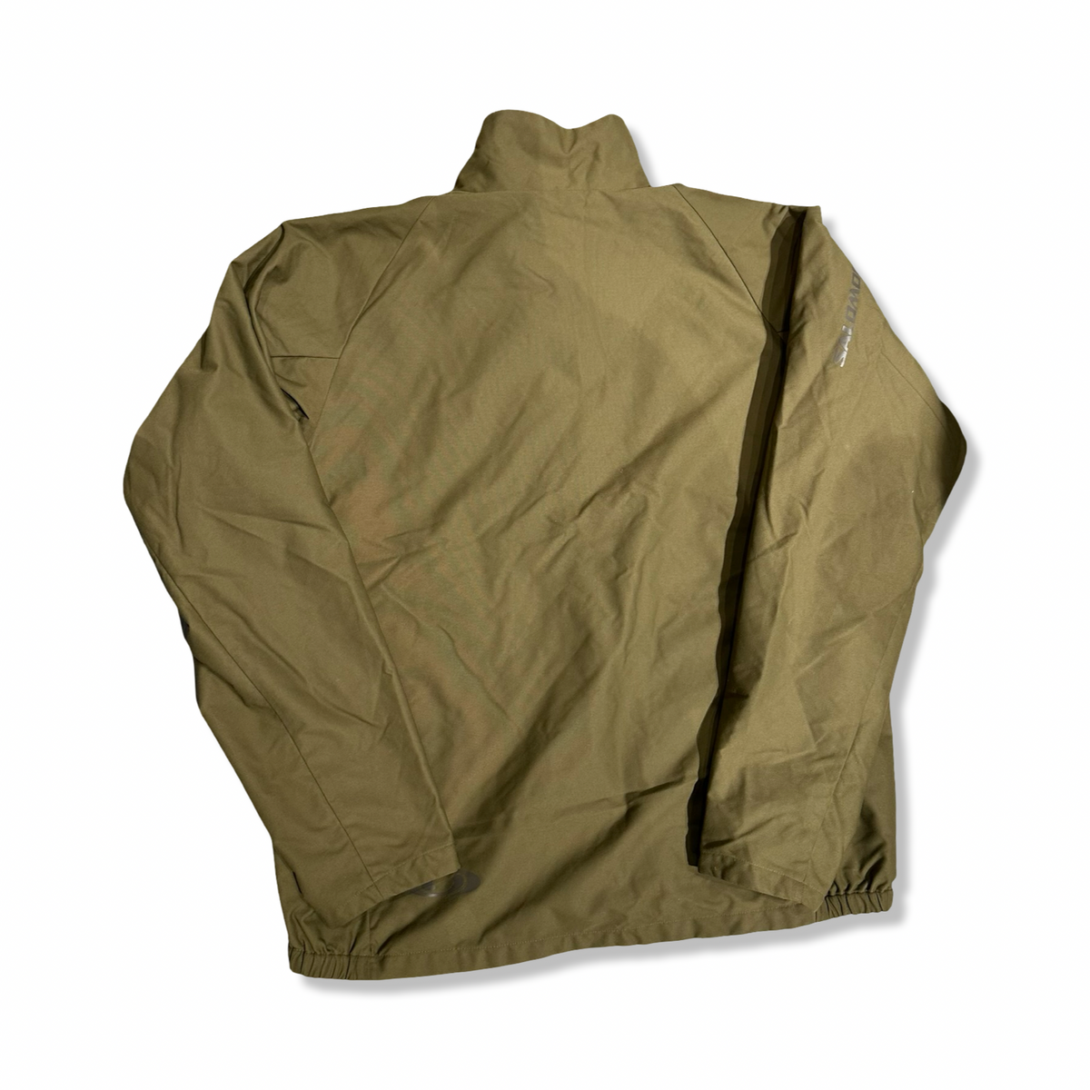 Back view of a brown Salomon men's functional jacket against a white background.