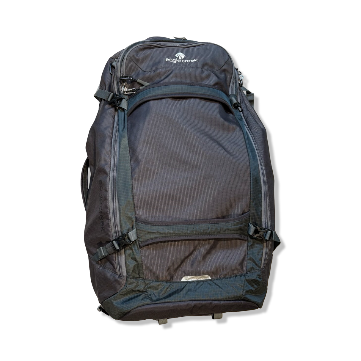 Grey Eagle Creek 70L backpack with durable design and adjustable straps, photographed from the front against a white background.