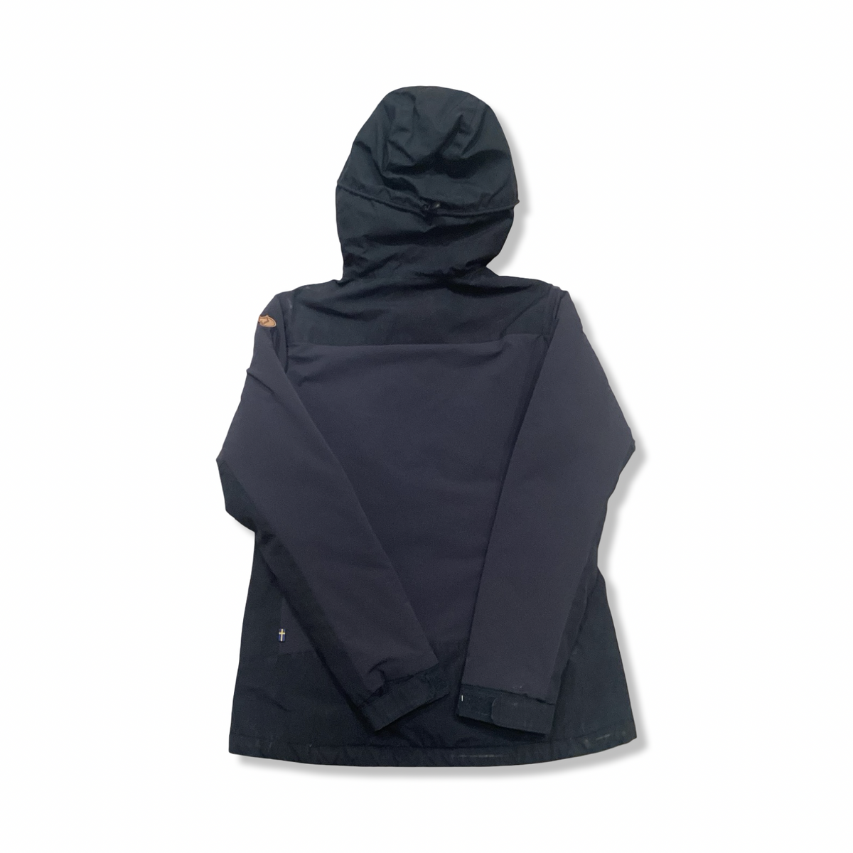 Blue Fjällräven women's hooded rain coat, back view against a white background.