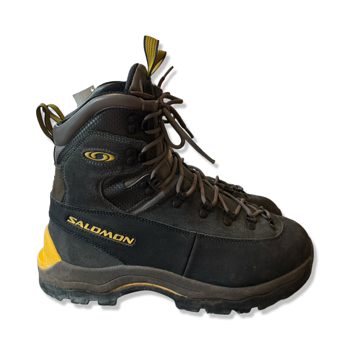 Grey Salomon men's suede hiking boots, side view against a white background.