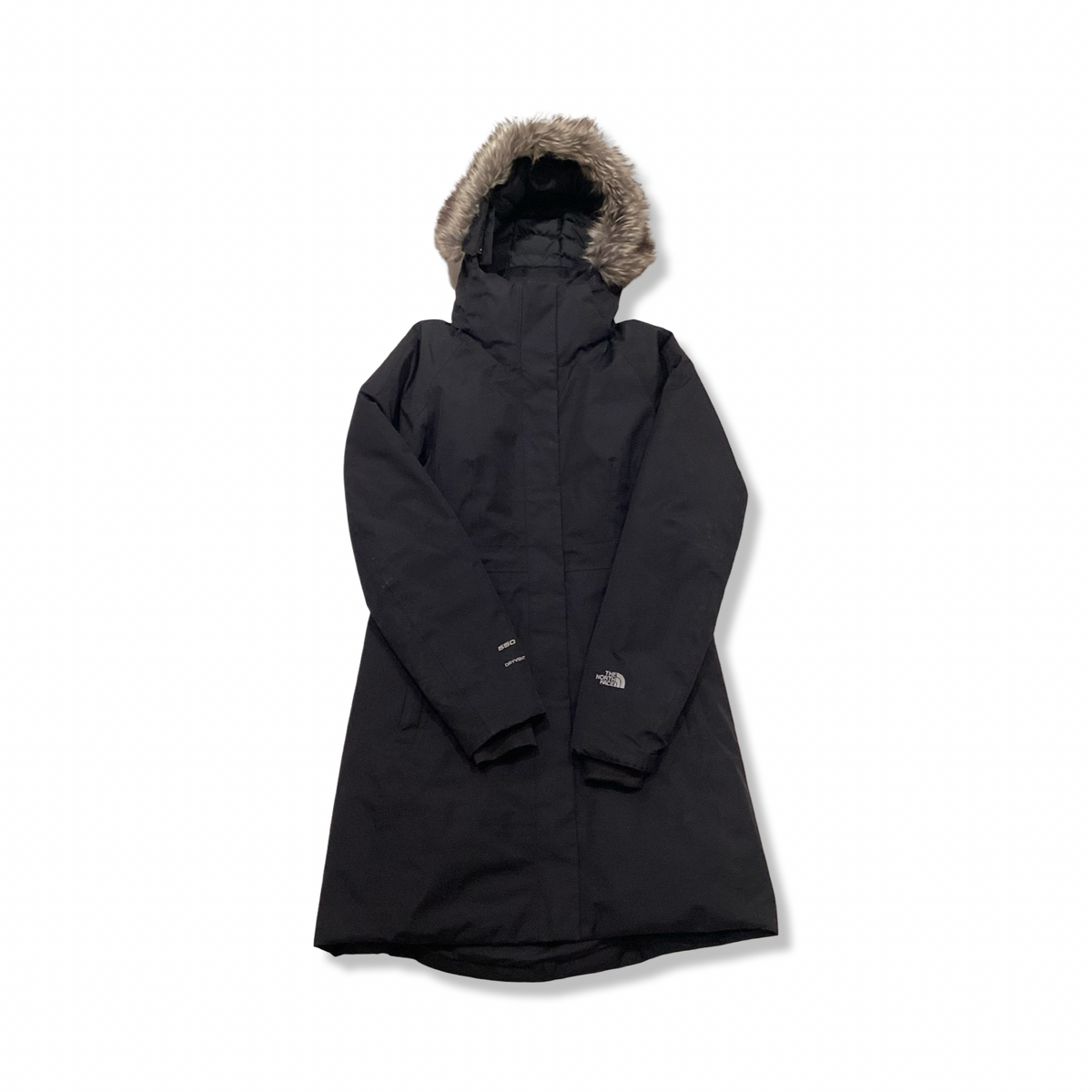 Black The North Face women's down jacket with a fur-trimmed hood, front view against a white background.