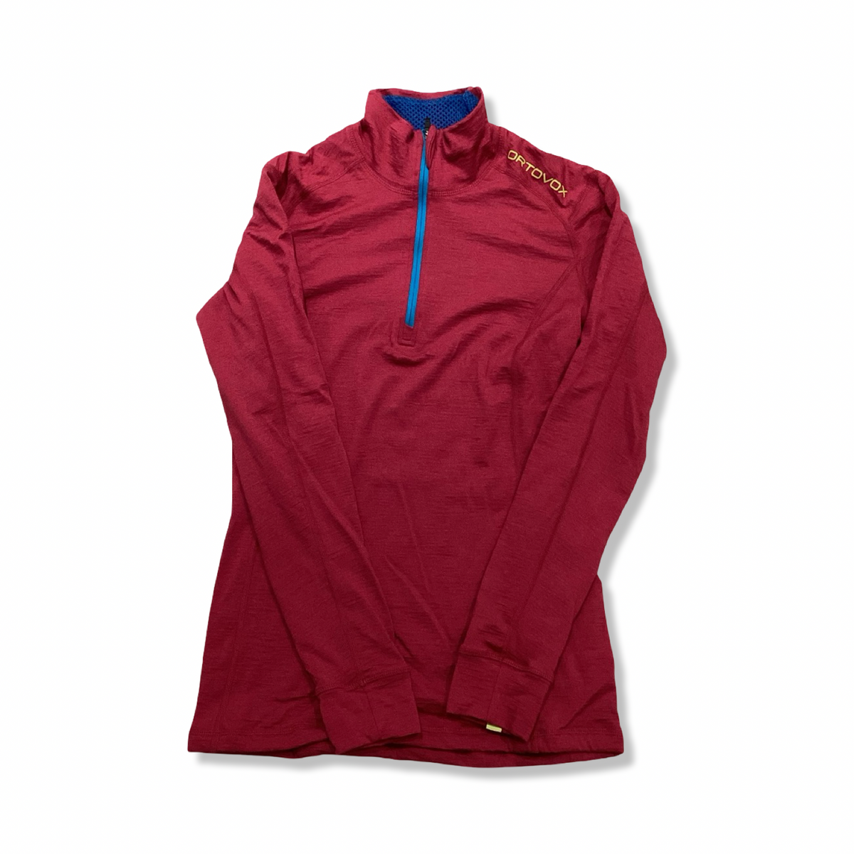 Pink Ortovox women's thermal top with a zipper, front view against a white background.