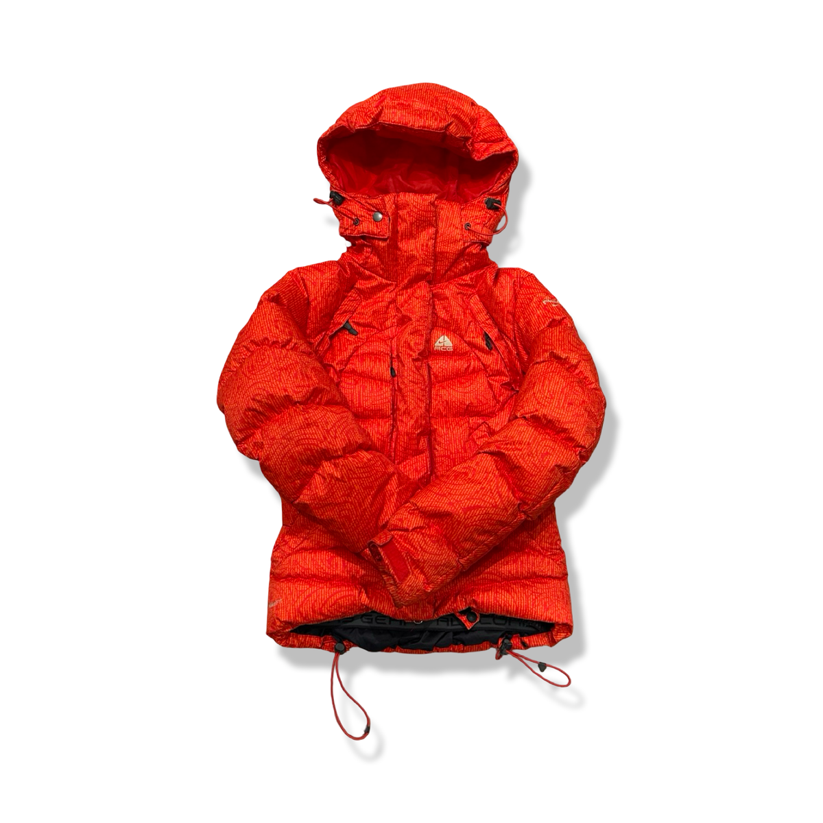 Orange Nike ACG women's hooded down jacket, front view against a white background.