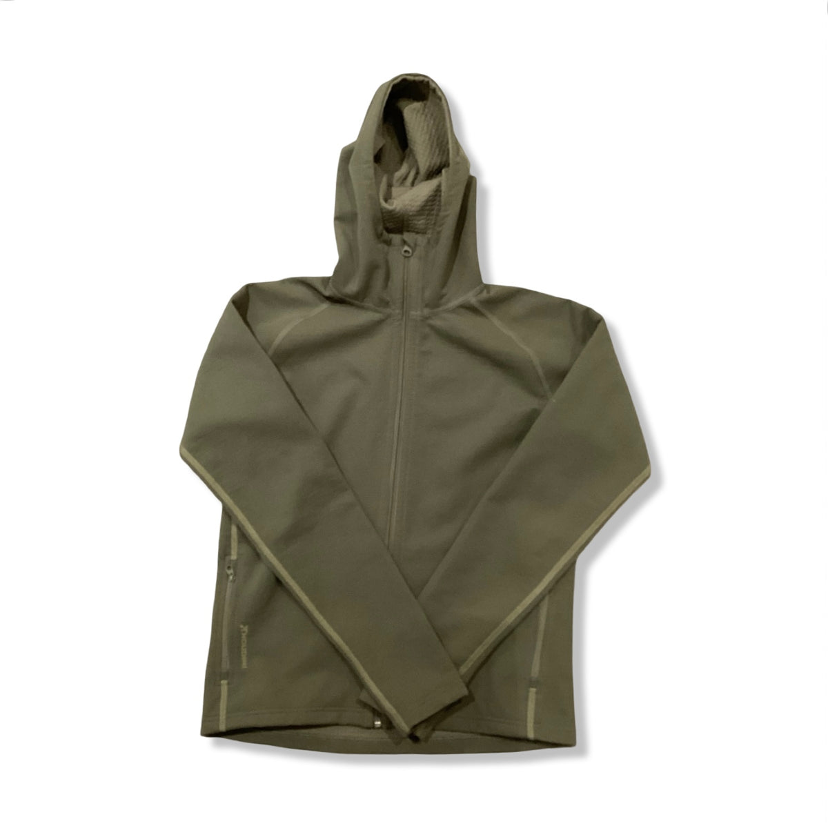Yellow-green Houdini children's hooded fleece cardigan, front view against a white background.
