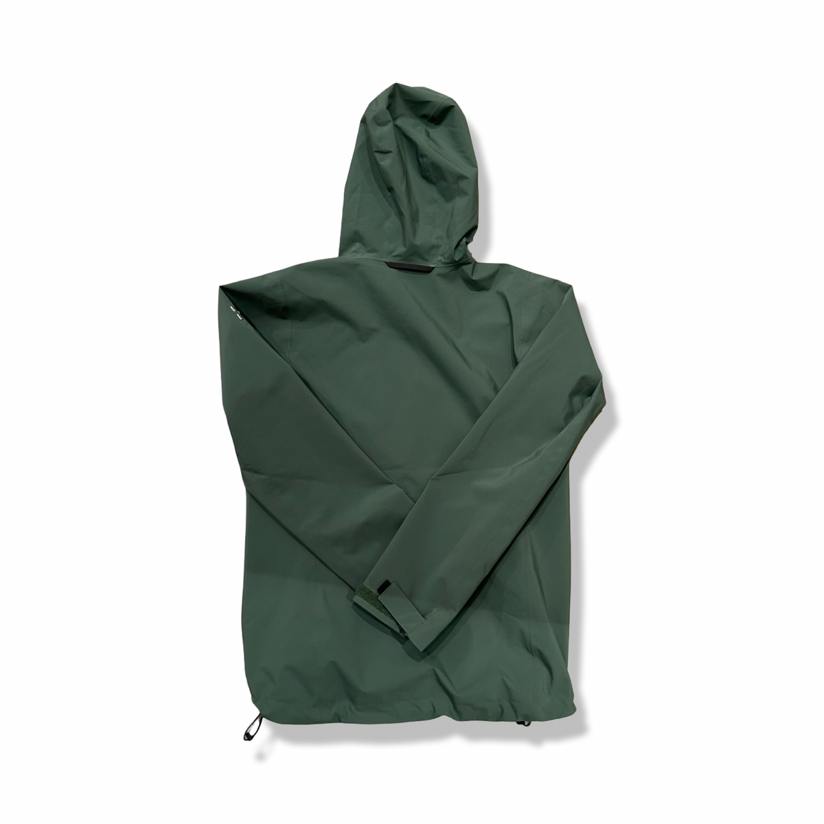 Green Haglöfs hooded shell jacket, back view against a white background.