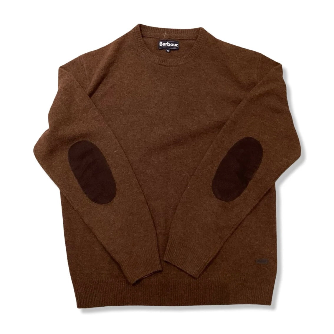 Brown Barbour men's wool sweater with a crew neck and elbow patches, front view against a white background.