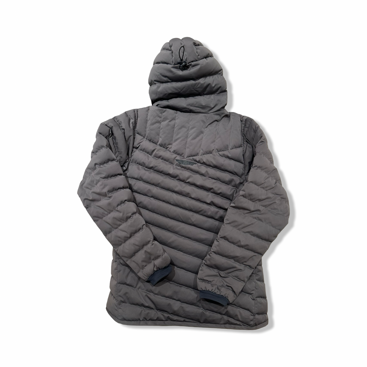 Grey Norröna women's hooded down jacket, back view against a white background.