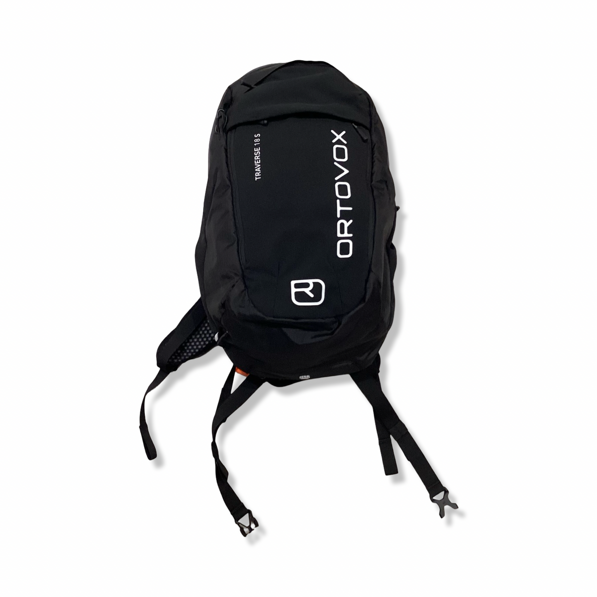 Black Ortovox Traverse 18 L hiking backpack, front view against a white background.