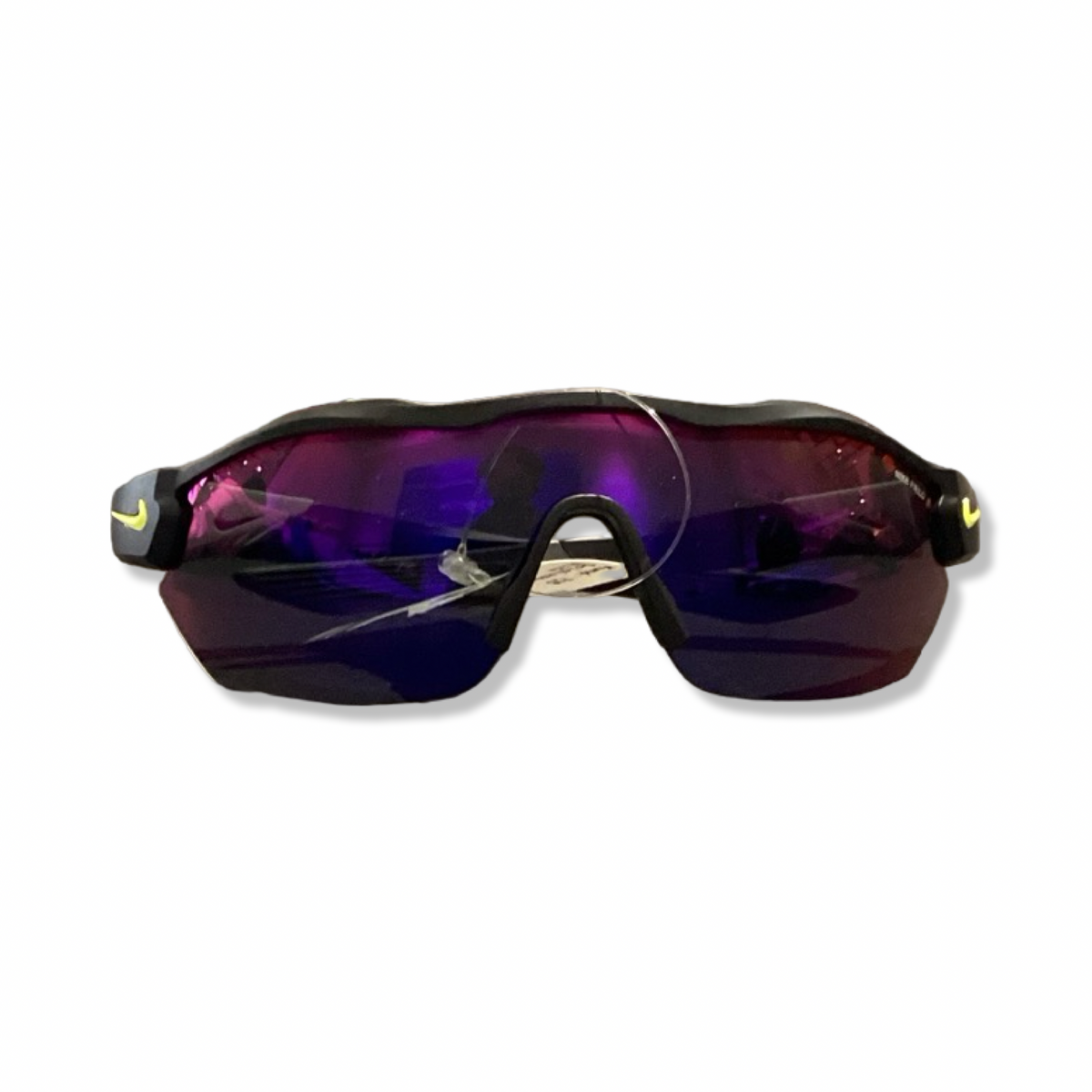 Black and purple sunglasses from Nike Vision SHOW with mirrored lenses, front view against a light background.