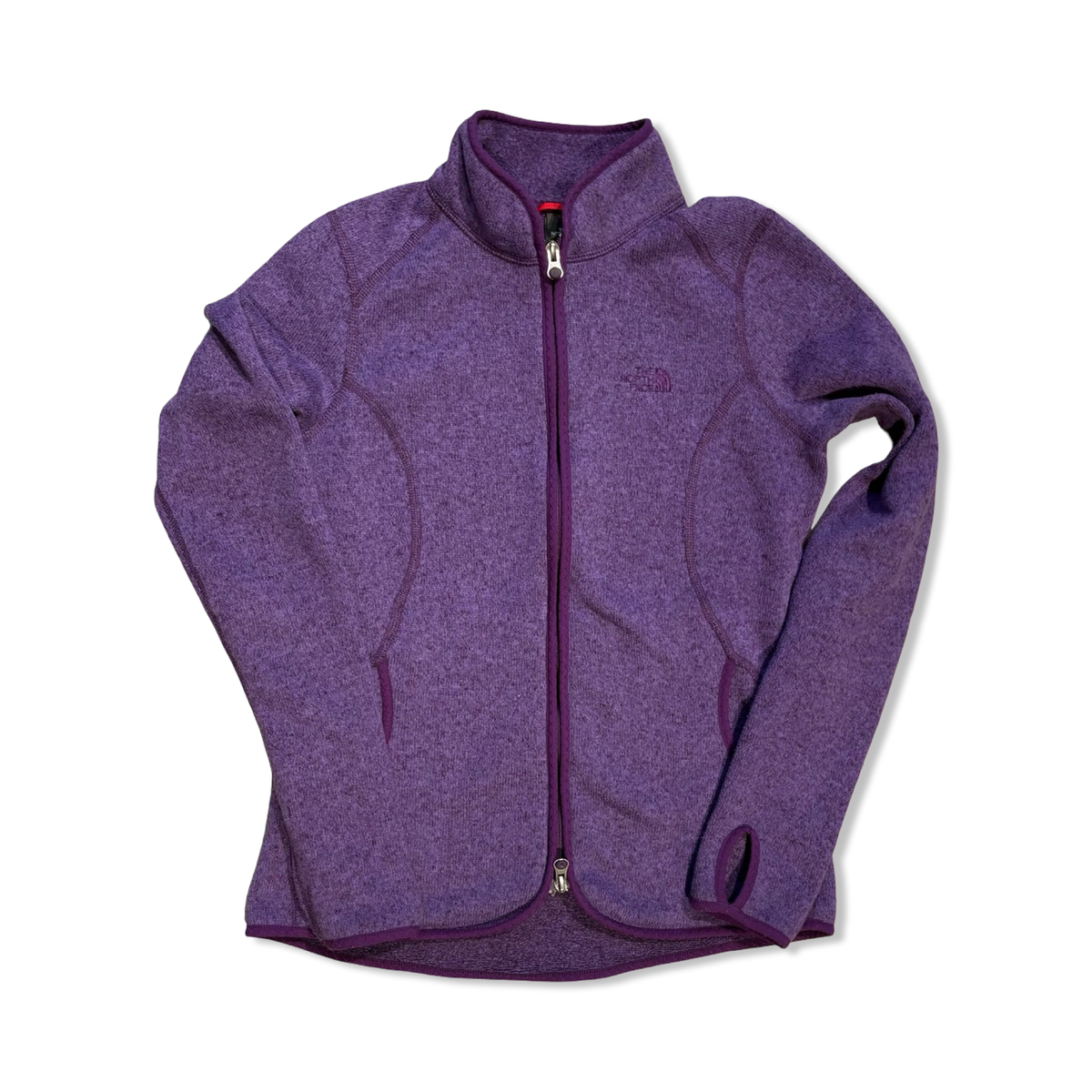 Purple The North Face women's fleece cardigan, front view against a white background.