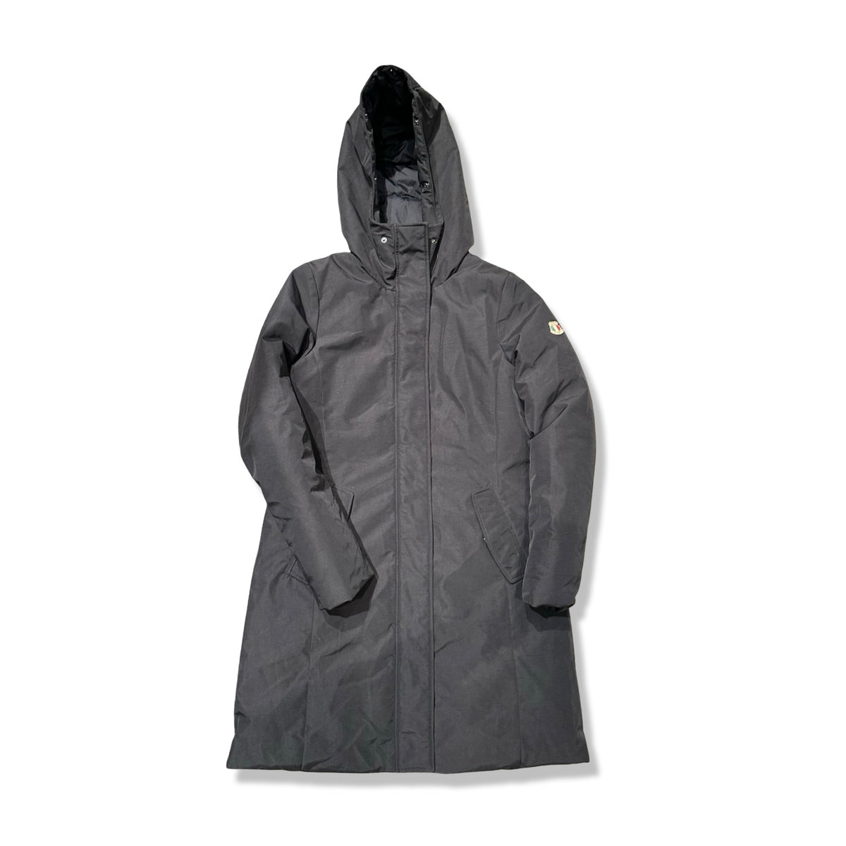 Black Dolomite Karakorum Parka women's hooded down jacket, front view against a white background.