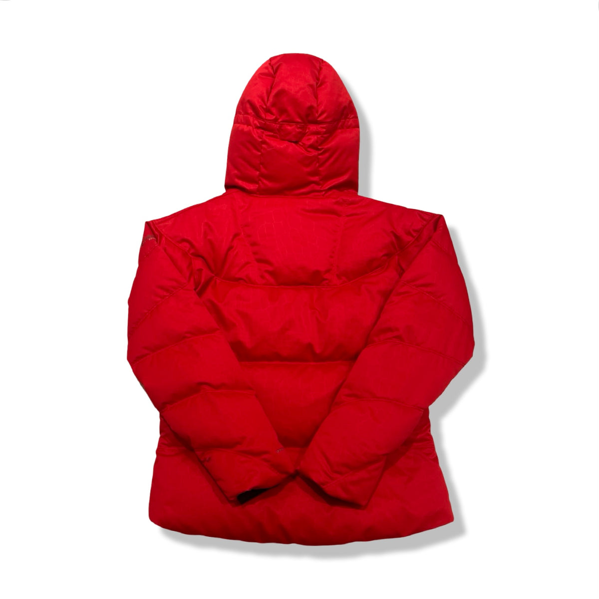 Red Columbia women's hooded down jacket, back view against a white background.